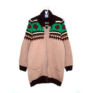 Vintage 70s Hand Knit Southwestern Cowichan Sweater Coat Women Large Chunky Wool